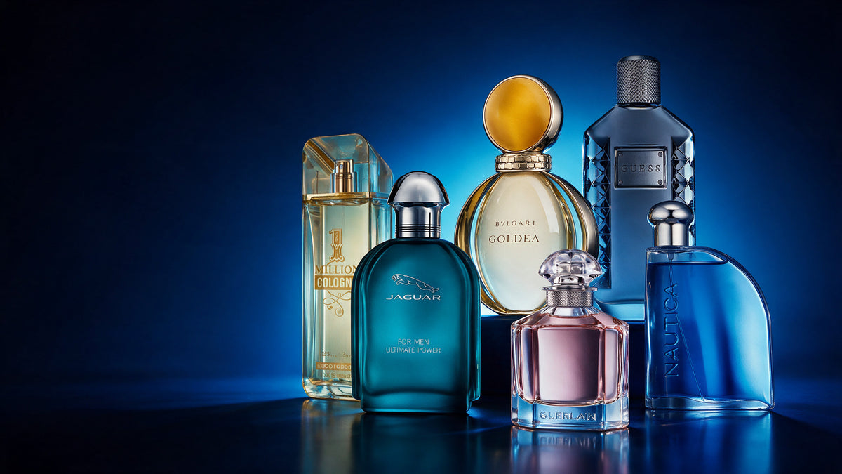 Fragkart bestsellers - perfume lineup on indigo blue